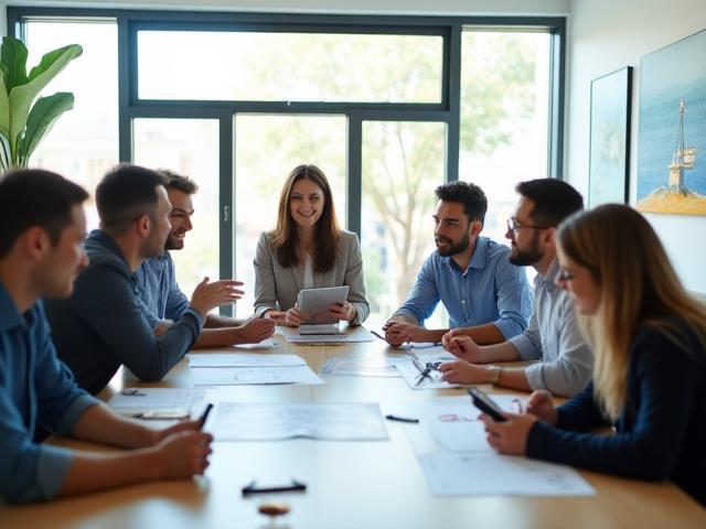 Une équipe collaborative de professionnels en pleine discussion, illustrant une mission et une vision partagées.