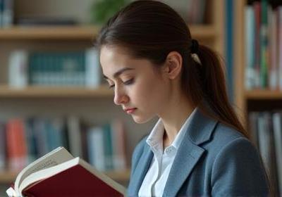 Jeune étudiant concentré lisant un livre d'allemand dans une bibliothèque moderne