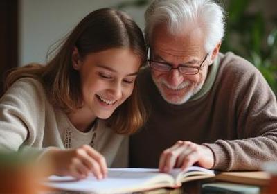 Deux étudiants d'âges différents étudiant l'anglais, l'un montrant quelque chose sur un livre à l'autre