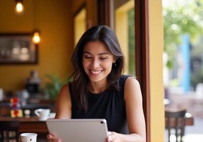 Une femme jeune et souriante apprenant l'espagnol sur une tablette dans un café lumineux