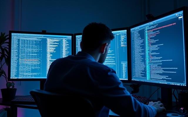 Développeur travaillant avec des visualisations de données et du code sur plusieurs écrans