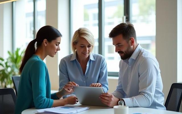 Professionnels des RH discutant autour d'une tablette et de documents, dans un bureau moderne