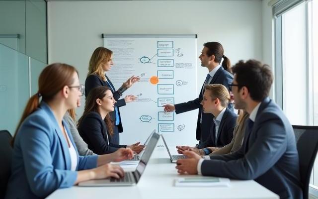 Équipe diversifiée collaborant autour d'un tableau blanc et de graphiques, pour la gestion de projet