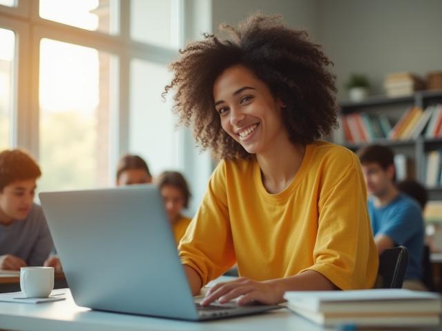 Un étudiant souriant utilisant un ordinateur portable, entouré de livres et d'une lumière inspirante, symbolisant l'apprentissage et le succès.